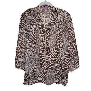 Fucsia Animal Print Long Sleeve Blouse and Shell Set Brown White 2X